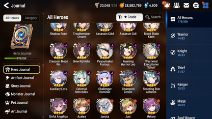 [GLOBAL] Epic 7 Seven 12ML + 34 4★ ML(lots dups) + 40 ML Coin Navy Captain Landy Sea Phantom Politis Bystander Hwayoung Belian Requiem Roana Conqueror Lilias Specimen Sez Ludwig Iseria Tenebria Pavel+20 speed + Name 10-10 Account-Mobile Games Starter