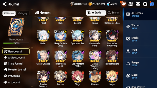 [GLOBAL] Epic 7 Seven 12ML + 34 4★ ML(lots dups) + 40 ML Coin Navy Captain Landy Sea Phantom Politis Bystander Hwayoung Belian Requiem Roana Conqueror Lilias Specimen Sez Ludwig Iseria Tenebria Pavel+20 speed + Name 10-10 Account-Mobile Games Starter