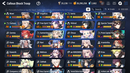 [GLOBAL] Epic 7 Seven 13ML + 30 4★ ML(lots dups) + 30 ML Coin + 3 limited Lone Wolf Peira Navy Captain Landy Dragon King Sharun etc Seaside Bellona+20 speed + Name 10-10 Account Mystics-Mobile Games Starter