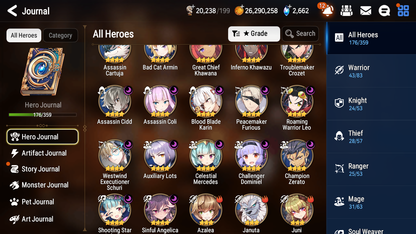 [GLOBAL] Epic 7 Seven 13ML + 30 4★ ML(lots dups) + 30 ML Coin + 3 limited Lone Wolf Peira Navy Captain Landy Dragon King Sharun etc Seaside Bellona+20 speed + Name 10-10 Account Mystics-Mobile Games Starter