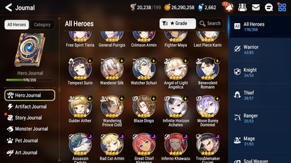 [GLOBAL] Epic 7 Seven 13ML + 30 4★ ML(lots dups) + 30 ML Coin + 3 limited Lone Wolf Peira Navy Captain Landy Dragon King Sharun etc Seaside Bellona+20 speed + Name 10-10 Account Mystics-Mobile Games Starter