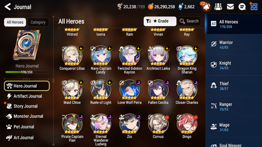 [GLOBAL] Epic 7 Seven 13ML + 30 4★ ML(lots dups) + 30 ML Coin + 3 limited Lone Wolf Peira Navy Captain Landy Dragon King Sharun etc Seaside Bellona+20 speed + Name 10-10 Account Mystics-Mobile Games Starter