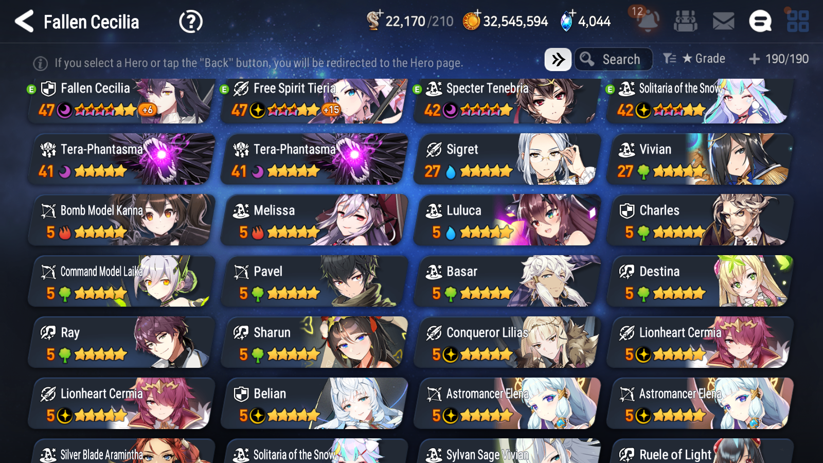 [GLOBAL] Epic 7 Seven 13ML + 31 4★ ML(lots dups) + 30 ML Coin Belian Conqueror Lilias Solitaria of the Snow Fallen Cecilia Ludwig Cermia Angel Angelica+20 speed 10-10 Account-Mobile Games Starter