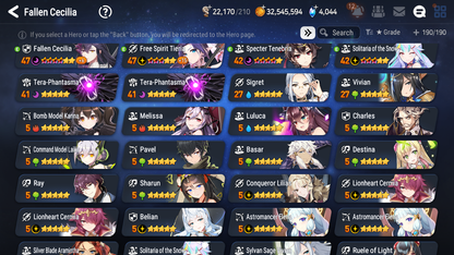 [GLOBAL] Epic 7 Seven 13ML + 31 4★ ML(lots dups) + 30 ML Coin Belian Conqueror Lilias Solitaria of the Snow Fallen Cecilia Ludwig Cermia Angel Angelica+20 speed 10-10 Account-Mobile Games Starter