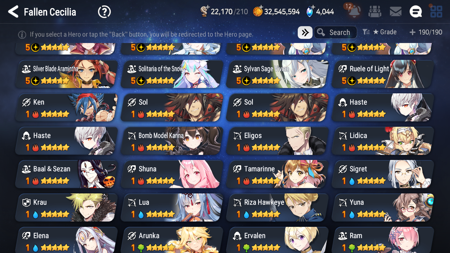 [GLOBAL] Epic 7 Seven 13ML + 31 4★ ML(lots dups) + 30 ML Coin Belian Conqueror Lilias Solitaria of the Snow Fallen Cecilia Ludwig Cermia Angel Angelica+20 speed 10-10 Account-Mobile Games Starter