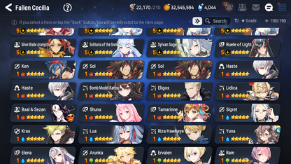 [GLOBAL] Epic 7 Seven 13ML + 31 4★ ML(lots dups) + 30 ML Coin Belian Conqueror Lilias Solitaria of the Snow Fallen Cecilia Ludwig Cermia Angel Angelica+20 speed 10-10 Account-Mobile Games Starter