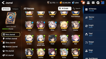 [GLOBAL] Epic 7 Seven 13ML + 31 4★ ML(lots dups) + 30 ML Coin Belian Conqueror Lilias Solitaria of the Snow Fallen Cecilia Ludwig Cermia Angel Angelica+20 speed 10-10 Account-Mobile Games Starter