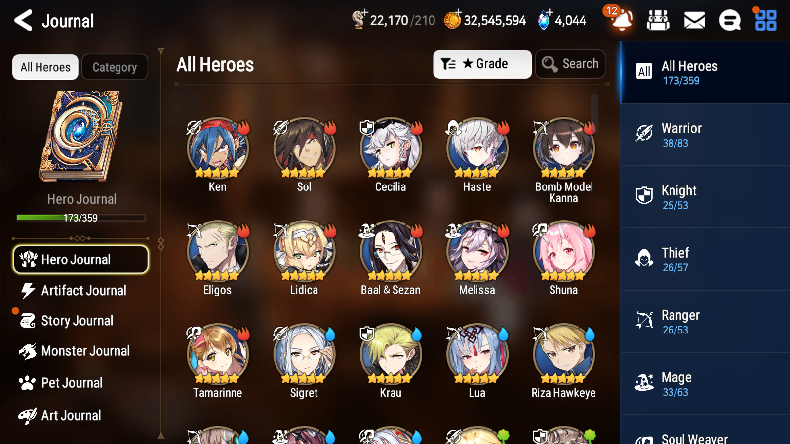 [GLOBAL] Epic 7 Seven 13ML + 31 4★ ML(lots dups) + 30 ML Coin Belian Conqueror Lilias Solitaria of the Snow Fallen Cecilia Ludwig Cermia Angel Angelica+20 speed 10-10 Account-Mobile Games Starter