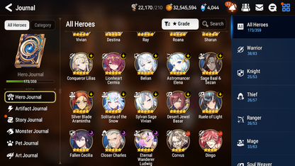 [GLOBAL] Epic 7 Seven 13ML + 31 4★ ML(lots dups) + 30 ML Coin Belian Conqueror Lilias Solitaria of the Snow Fallen Cecilia Ludwig Cermia Angel Angelica+20 speed 10-10 Account-Mobile Games Starter
