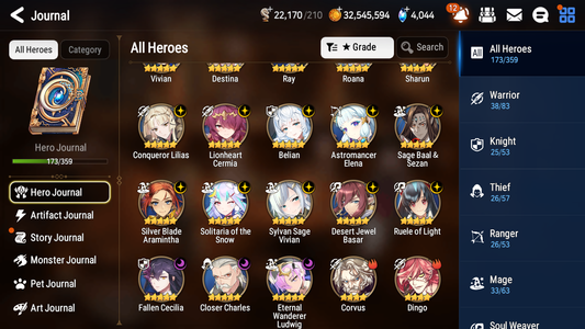 [GLOBAL] Epic 7 Seven 13ML + 31 4★ ML(lots dups) + 30 ML Coin Belian Conqueror Lilias Solitaria of the Snow Fallen Cecilia Ludwig Cermia Angel Angelica+20 speed 10-10 Account-Mobile Games Starter