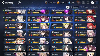 [GLOBAL] Epic 7 Seven 13ML + 34 4★ ML(lots dups) + 40 ML Coin Sea Phantom Politis Belian Solitaria Straze Fallen Cecilia Kura Maid Chloe Luluca+20 speed + Name 10-10 Account-Mobile Games Starter