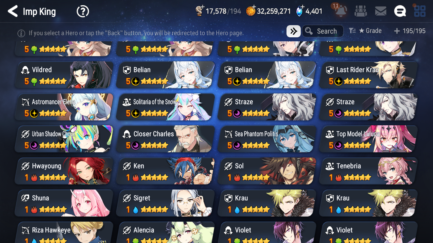 [GLOBAL] Epic 7 Seven 13ML + 34 4★ ML(lots dups) + 40 ML Coin Sea Phantom Politis Belian Solitaria Straze Fallen Cecilia Kura Maid Chloe Luluca+20 speed + Name 10-10 Account-Mobile Games Starter