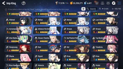 [GLOBAL] Epic 7 Seven 13ML + 34 4★ ML(lots dups) + 40 ML Coin Sea Phantom Politis Belian Solitaria Straze Fallen Cecilia Kura Maid Chloe Luluca+20 speed + Name 10-10 Account-Mobile Games Starter