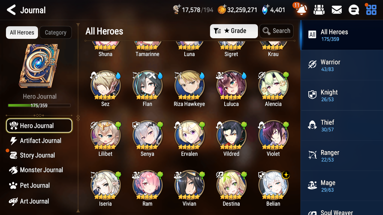 [GLOBAL] Epic 7 Seven 13ML + 34 4★ ML(lots dups) + 40 ML Coin Sea Phantom Politis Belian Solitaria Straze Fallen Cecilia Kura Maid Chloe Luluca+20 speed + Name 10-10 Account-Mobile Games Starter