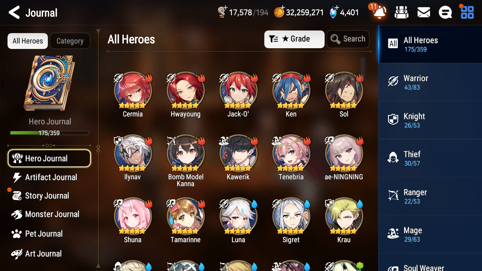 [GLOBAL] Epic 7 Seven 13ML + 34 4★ ML(lots dups) + 40 ML Coin Sea Phantom Politis Belian Solitaria Straze Fallen Cecilia Kura Maid Chloe Luluca+20 speed + Name 10-10 Account-Mobile Games Starter