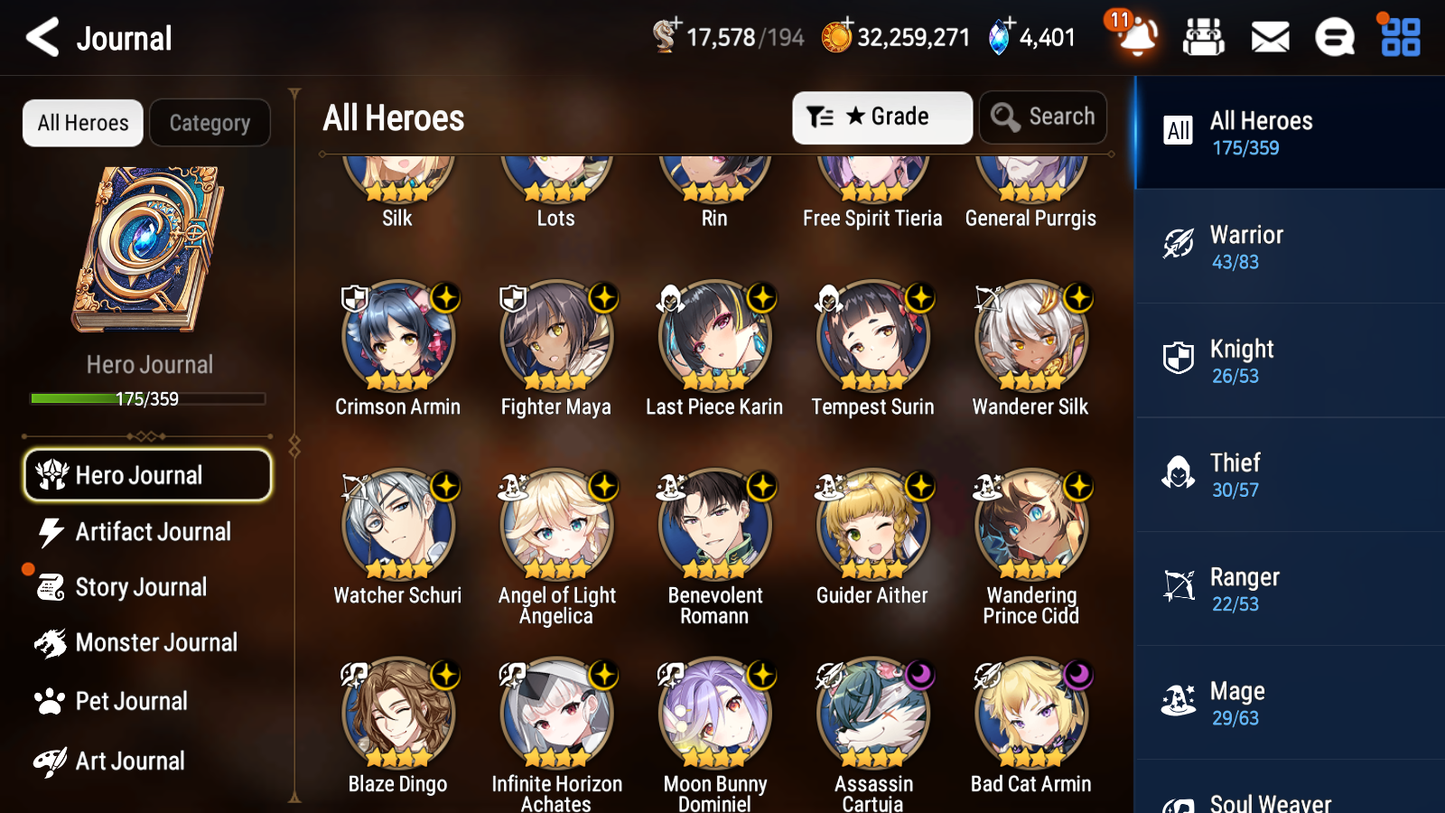[GLOBAL] Epic 7 Seven 13ML + 34 4★ ML(lots dups) + 40 ML Coin Sea Phantom Politis Belian Solitaria Straze Fallen Cecilia Kura Maid Chloe Luluca+20 speed + Name 10-10 Account-Mobile Games Starter