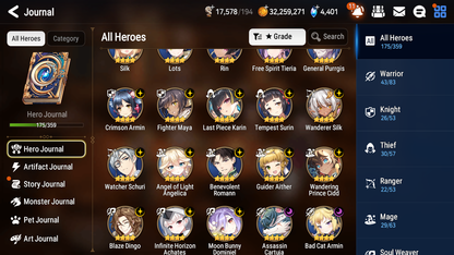 [GLOBAL] Epic 7 Seven 13ML + 34 4★ ML(lots dups) + 40 ML Coin Sea Phantom Politis Belian Solitaria Straze Fallen Cecilia Kura Maid Chloe Luluca+20 speed + Name 10-10 Account-Mobile Games Starter