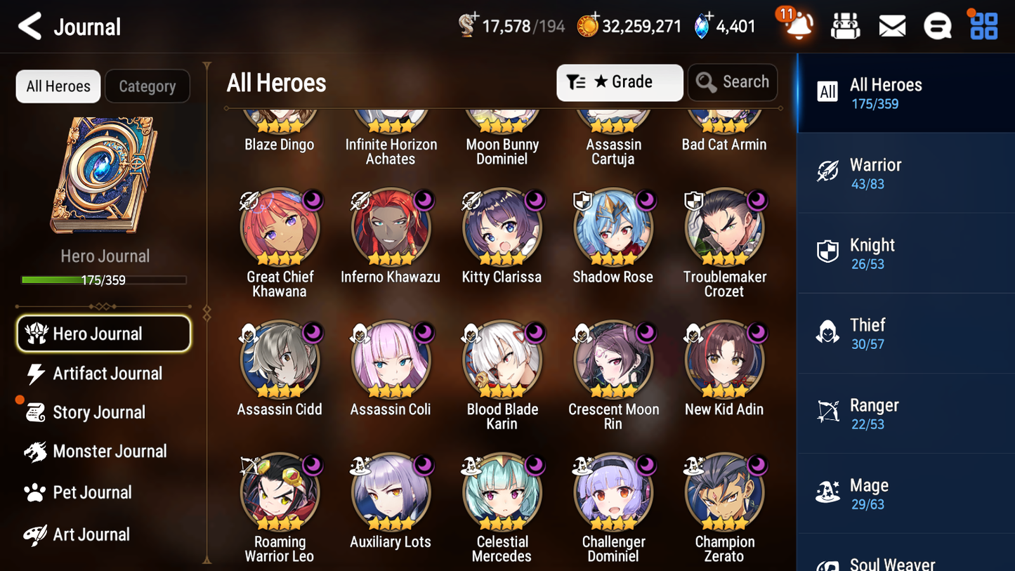[GLOBAL] Epic 7 Seven 13ML + 34 4★ ML(lots dups) + 40 ML Coin Sea Phantom Politis Belian Solitaria Straze Fallen Cecilia Kura Maid Chloe Luluca+20 speed + Name 10-10 Account-Mobile Games Starter