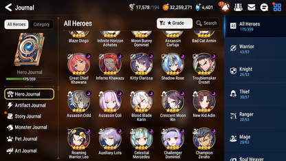 [GLOBAL] Epic 7 Seven 13ML + 34 4★ ML(lots dups) + 40 ML Coin Sea Phantom Politis Belian Solitaria Straze Fallen Cecilia Kura Maid Chloe Luluca+20 speed + Name 10-10 Account-Mobile Games Starter