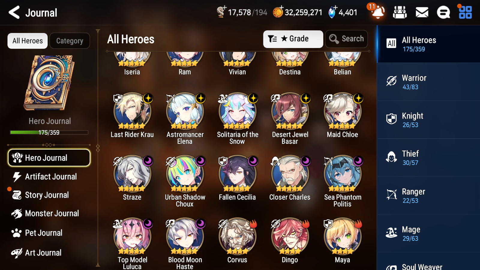 [GLOBAL] Epic 7 Seven 13ML + 34 4★ ML(lots dups) + 40 ML Coin Sea Phantom Politis Belian Solitaria Straze Fallen Cecilia Kura Maid Chloe Luluca+20 speed + Name 10-10 Account-Mobile Games Starter