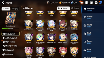 [GLOBAL] Epic 7 Seven 13ML + 34 4★ ML(lots dups) + 40 ML Coin Sea Phantom Politis Belian Solitaria Straze Fallen Cecilia Kura Maid Chloe Luluca+20 speed + Name 10-10 Account-Mobile Games Starter