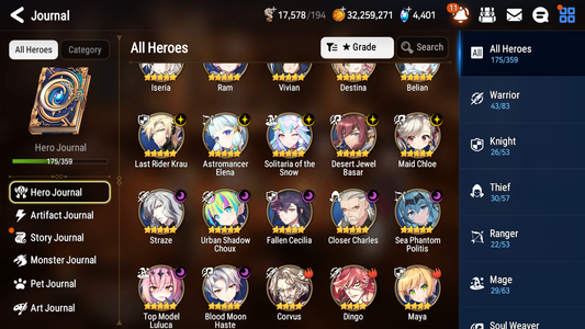[GLOBAL] Epic 7 Seven 13ML + 34 4★ ML(lots dups) + 40 ML Coin Sea Phantom Politis Belian Solitaria Straze Fallen Cecilia Kura Maid Chloe Luluca+20 speed + Name 10-10 Account-Mobile Games Starter