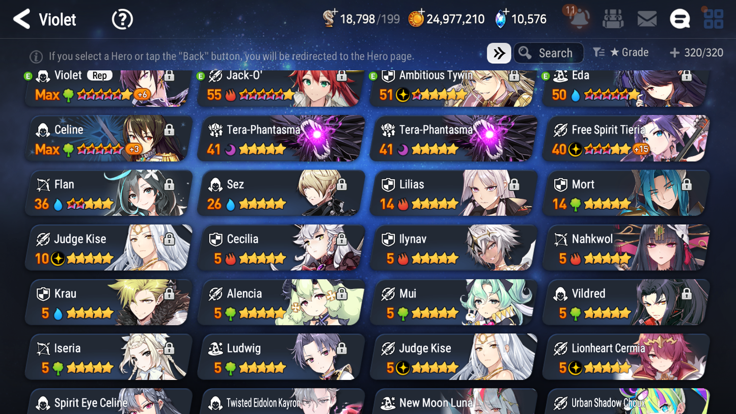 [GLOBAL] Epic 7 Seven 13ML + 34 4★ ML(lots dups) New Moon Luna Harsetti Lionheart Cermia Judge Kise Ambitious Tywin Spirit Eye Celine Requiem Roana 10k Gems+20 speed 10-10 Account-Mobile Games Starter
