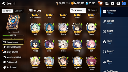 [GLOBAL] Epic 7 Seven 13ML + 34 4★ ML(lots dups) New Moon Luna Harsetti Lionheart Cermia Judge Kise Ambitious Tywin Spirit Eye Celine Requiem Roana 10k Gems+20 speed 10-10 Account-Mobile Games Starter