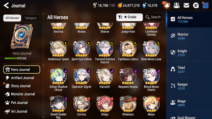 [GLOBAL] Epic 7 Seven 13ML + 34 4★ ML(lots dups) New Moon Luna Harsetti Lionheart Cermia Judge Kise Ambitious Tywin Spirit Eye Celine Requiem Roana 10k Gems+20 speed 10-10 Account-Mobile Games Starter