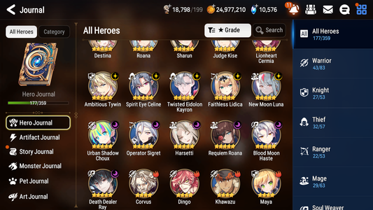[GLOBAL] Epic 7 Seven 13ML + 34 4★ ML(lots dups) New Moon Luna Harsetti Lionheart Cermia Judge Kise Ambitious Tywin Spirit Eye Celine Requiem Roana 10k Gems+20 speed 10-10 Account-Mobile Games Starter