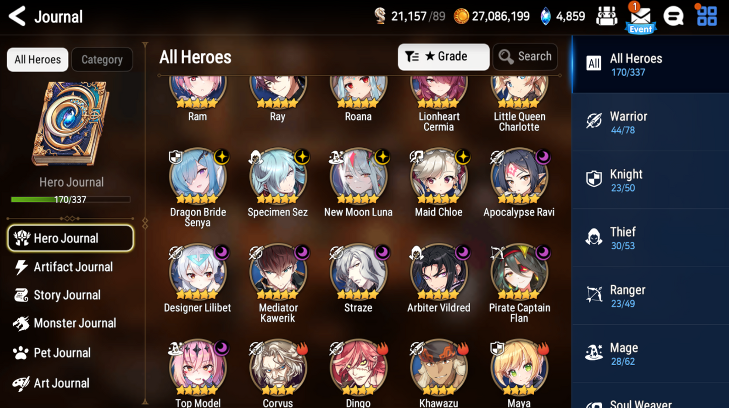 [GLOBAL] Epic 7 Seven 13ML+25 4*ML New Moon Luna Dragon Bride Senya Straze Apocalpyse Ravi Maid Chloe Flan Luluca Arbiter Lionheart Cermia Mediator Kawerik Rimuru Fairytale Baiken + Name 10-10 Account-Mobile Games Starter