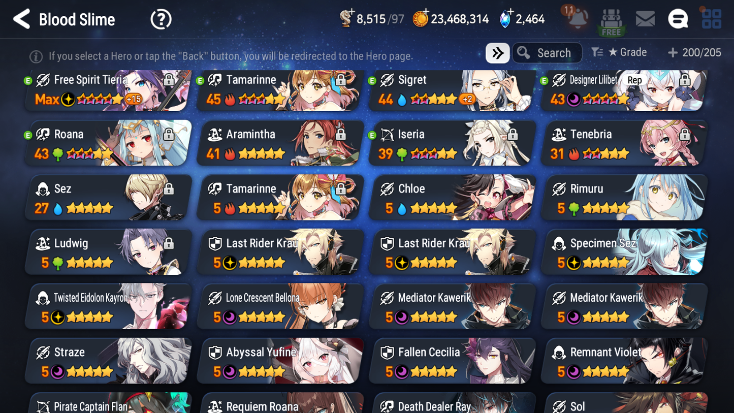 [GLOBAL] Epic 7 Seven 15ML + 31 4★ ML(lots dups) + 30 ML Coin Sea Phantom Politis Abyssal Yufine Straze Kise Krau Kayron Bellona Cecilia Flan Roana Designer Lilibet Rimuru 10-10 Account-Mobile Games Starter