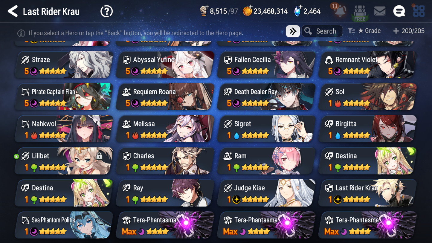 [GLOBAL] Epic 7 Seven 15ML + 31 4★ ML(lots dups) + 30 ML Coin Sea Phantom Politis Abyssal Yufine Straze Kise Krau Kayron Bellona Cecilia Flan Roana Designer Lilibet Rimuru 10-10 Account-Mobile Games Starter