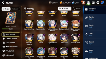 [GLOBAL] Epic 7 Seven 15ML + 31 4★ ML(lots dups) + 30 ML Coin Sea Phantom Politis Abyssal Yufine Straze Kise Krau Kayron Bellona Cecilia Flan Roana Designer Lilibet Rimuru 10-10 Account-Mobile Games Starter