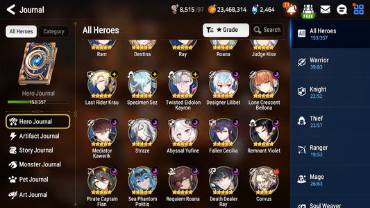 [GLOBAL] Epic 7 Seven 15ML + 31 4★ ML(lots dups) + 30 ML Coin Sea Phantom Politis Abyssal Yufine Straze Kise Krau Kayron Bellona Cecilia Flan Roana Designer Lilibet Rimuru 10-10 Account-Mobile Games Starter