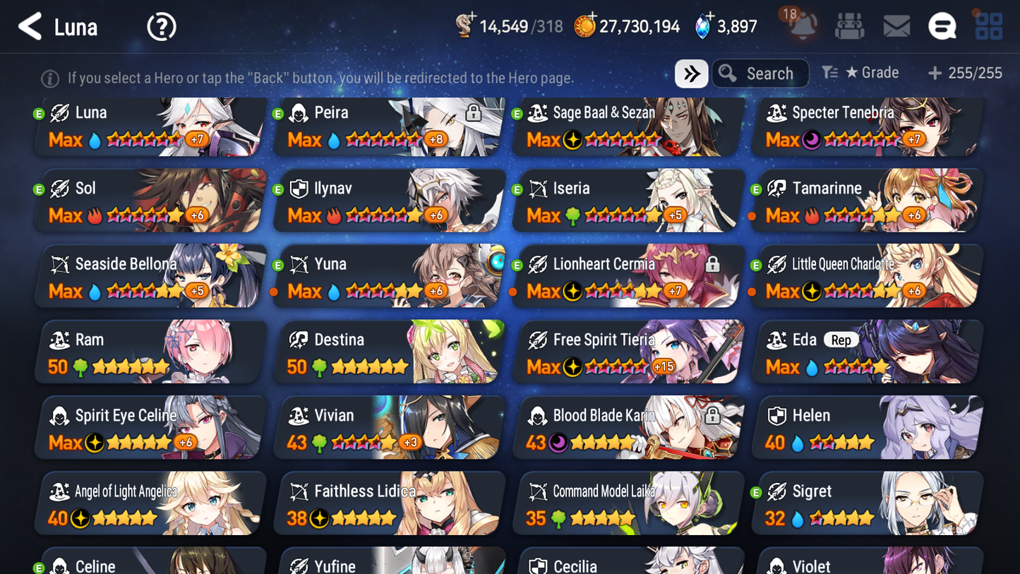 [GLOBAL] Epic 7 Seven 16ML + 33 4★ ML(lots dups) Harsetti Lionheart Cermia LQC Spirit Eye Celine Faithless Lidica Specter Tenebria Sage Baal+20 speed 10-10 Account-Mobile Games Starter