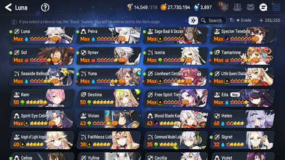 [GLOBAL] Epic 7 Seven 16ML + 33 4★ ML(lots dups) Harsetti Lionheart Cermia LQC Spirit Eye Celine Faithless Lidica Specter Tenebria Sage Baal+20 speed 10-10 Account-Mobile Games Starter
