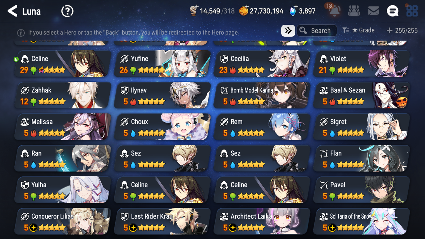 [GLOBAL] Epic 7 Seven 16ML + 33 4★ ML(lots dups) Harsetti Lionheart Cermia LQC Spirit Eye Celine Faithless Lidica Specter Tenebria Sage Baal+20 speed 10-10 Account-Mobile Games Starter