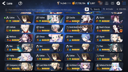 [GLOBAL] Epic 7 Seven 16ML + 33 4★ ML(lots dups) Harsetti Lionheart Cermia LQC Spirit Eye Celine Faithless Lidica Specter Tenebria Sage Baal+20 speed 10-10 Account-Mobile Games Starter