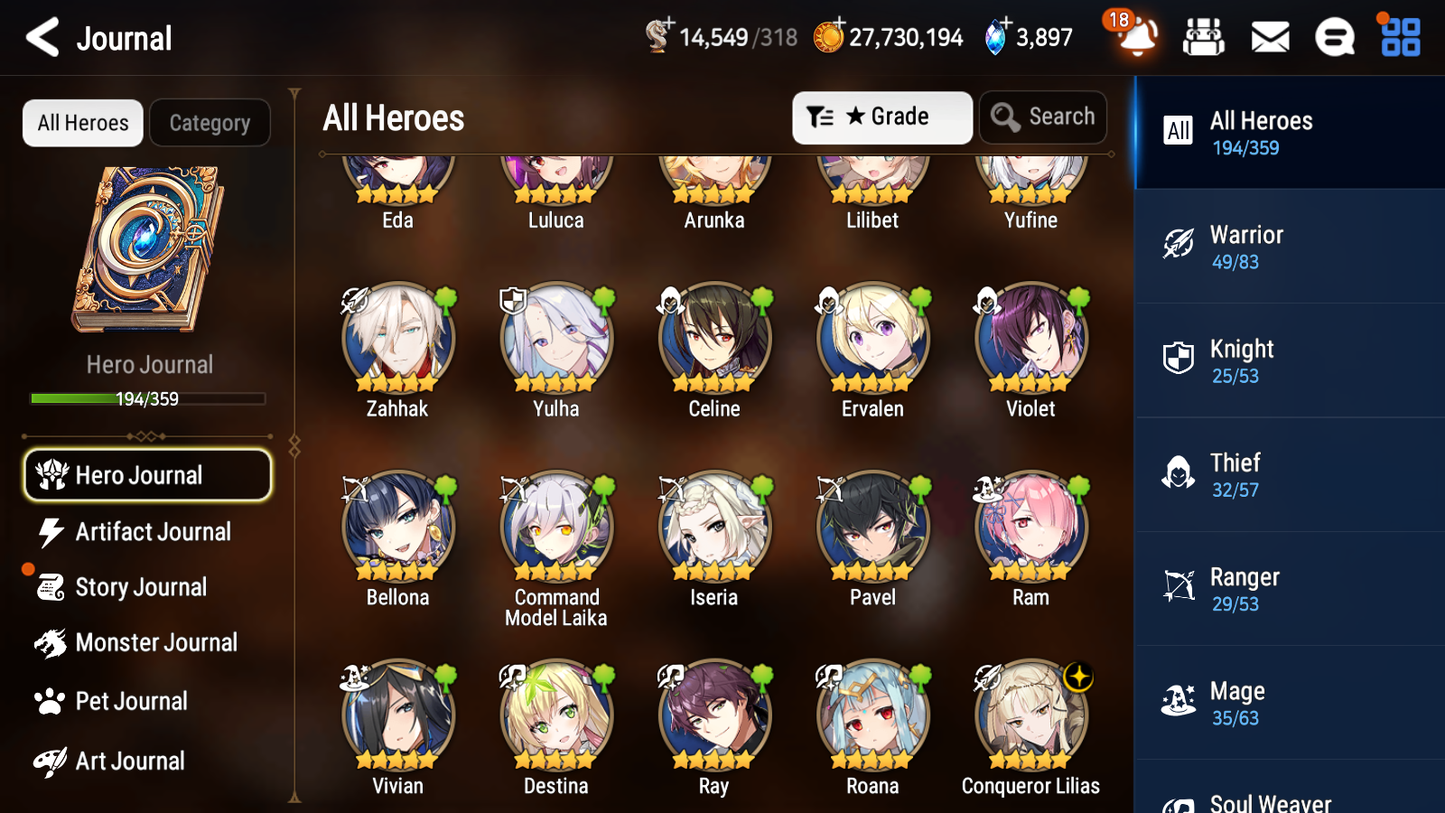 [GLOBAL] Epic 7 Seven 16ML + 33 4★ ML(lots dups) Harsetti Lionheart Cermia LQC Spirit Eye Celine Faithless Lidica Specter Tenebria Sage Baal+20 speed 10-10 Account-Mobile Games Starter