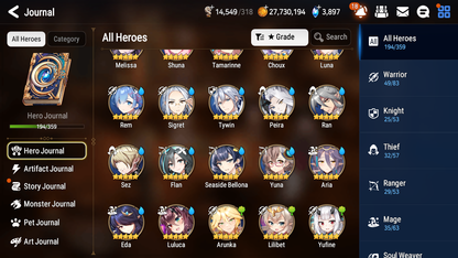 [GLOBAL] Epic 7 Seven 16ML + 33 4★ ML(lots dups) Harsetti Lionheart Cermia LQC Spirit Eye Celine Faithless Lidica Specter Tenebria Sage Baal+20 speed 10-10 Account-Mobile Games Starter