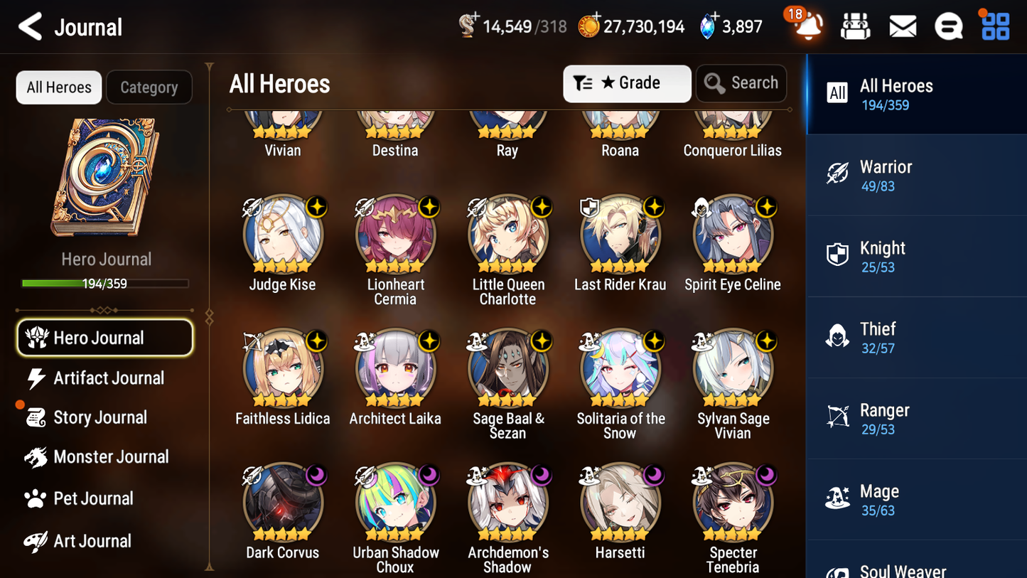 [GLOBAL] Epic 7 Seven 16ML + 33 4★ ML(lots dups) Harsetti Lionheart Cermia LQC Spirit Eye Celine Faithless Lidica Specter Tenebria Sage Baal+20 speed 10-10 Account-Mobile Games Starter