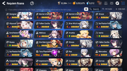 [GLOBAL] Epic 7 Seven 16ML + 34 4★ ML(lots dups) + 60 ML Coin Sea Phantom Politis Abyssal Yufine Straze Requiem Roana Designer Lilibet+20 Speed etc +Name 10-10 Account-Mobile Games Starter