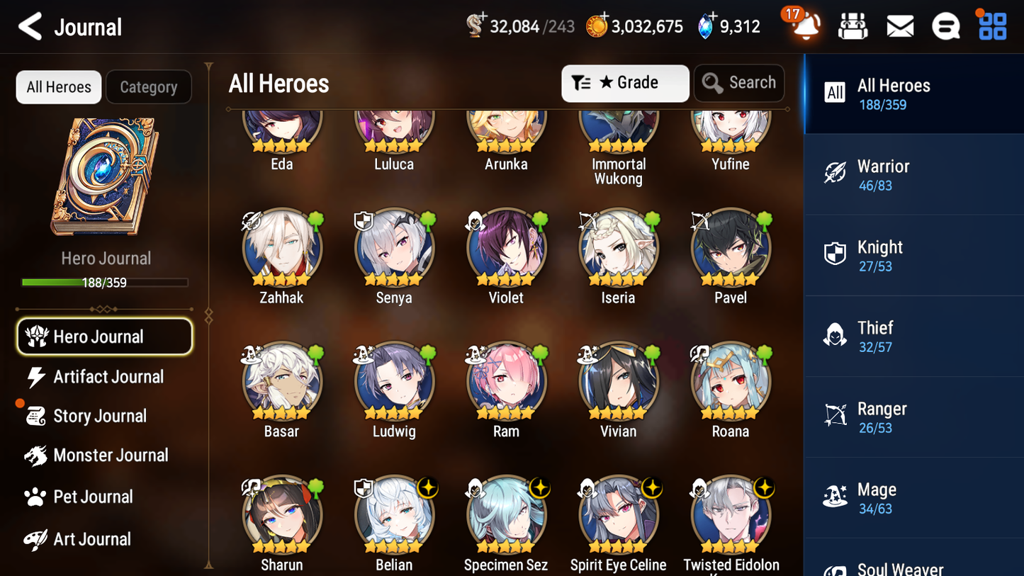 [GLOBAL] Epic 7 Seven 16ML + 34 4★ ML(lots dups) + 60 ML Coin Sea Phantom Politis Abyssal Yufine Straze Requiem Roana Designer Lilibet+20 Speed etc +Name 10-10 Account-Mobile Games Starter