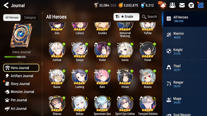 [GLOBAL] Epic 7 Seven 16ML + 34 4★ ML(lots dups) + 60 ML Coin Sea Phantom Politis Abyssal Yufine Straze Requiem Roana Designer Lilibet+20 Speed etc +Name 10-10 Account-Mobile Games Starter