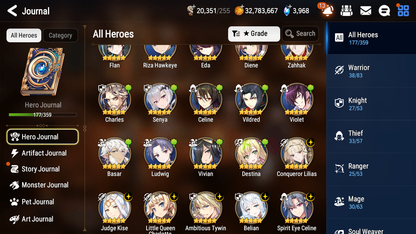 [GLOBAL] Epic 7 Seven 17ML + 31 4★ ML(lots dups) + 30 ML Coin Sea Phantom Politis Bystander Hwayoung Arbiter Vildred Belian Conqueror Lilias Spirit Eye Celine Commander Pavel Archdemon's Shadow+20 speed 10-10 Account-Mobile Games Starter