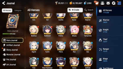 [GLOBAL] Epic 7 Seven 17ML + 31 4★ ML(lots dups) + 30 ML Coin Sea Phantom Politis Bystander Hwayoung Arbiter Vildred Belian Conqueror Lilias Spirit Eye Celine Commander Pavel Archdemon's Shadow+20 speed 10-10 Account-Mobile Games Starter