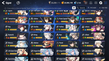 [GLOBAL] Epic 7 Seven 20ML + 31 4★ ML(lots dups) + 30 ML Coin Lone Wolf Peira New Moon Luna Hellion Lua Dragon Bride Senya Straze Apocalpyse Ravi Maid Chloe Flan Luluca Arbiter Lionheart Cermia Kawerik Rimuru Fairytale Baiken+20 Speed + Name 10-10 Account-Mobile Games Starter