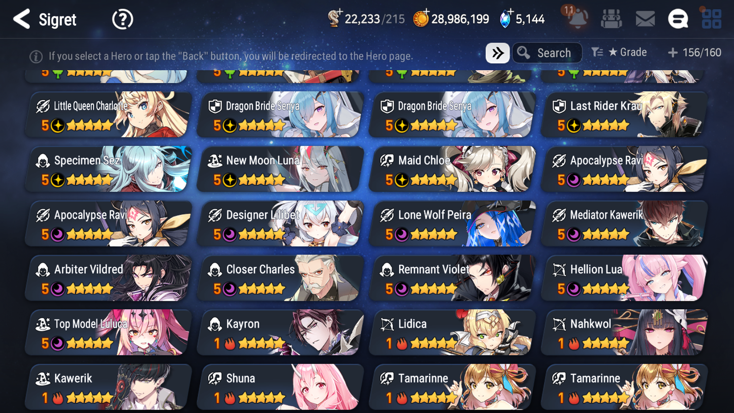 [GLOBAL] Epic 7 Seven 20ML + 31 4★ ML(lots dups) + 30 ML Coin Lone Wolf Peira New Moon Luna Hellion Lua Dragon Bride Senya Straze Apocalpyse Ravi Maid Chloe Flan Luluca Arbiter Lionheart Cermia Kawerik Rimuru Fairytale Baiken+20 Speed + Name 10-10 Account-Mobile Games Starter