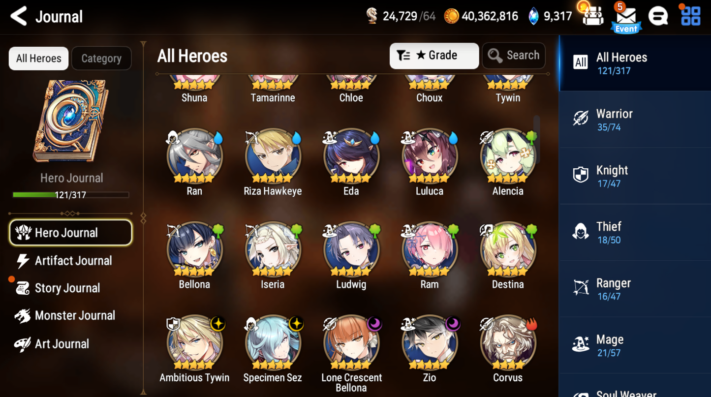 [Global] Epic 7 Seven 4ML Lone Crescent Bellona Zio Ambitious Tywin Specimen Sez + 29 ML pulls Starter Account-Mobile Games Starter